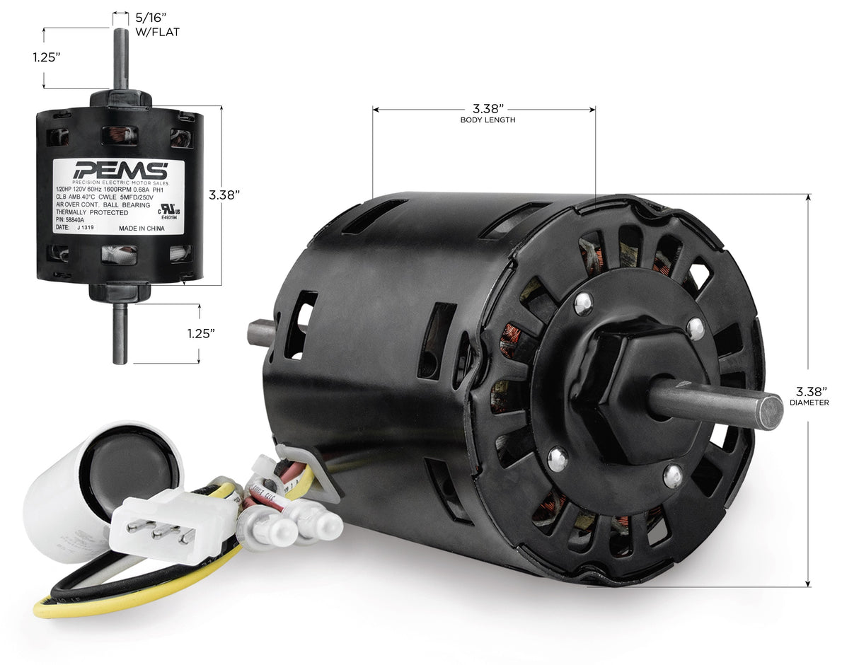 58840A (PEMS) | OEM Replacement Motor | 0.05 HP | 1 Phase | OAO | 1600 RPM | 120 Volts