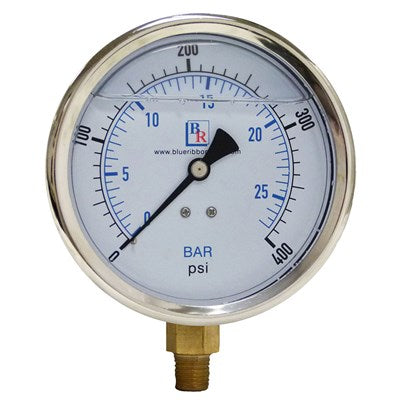 BR202L-404H (Blue Ribbon) | Gauge 0/300 LF 1/4 Back 4 | Liquid Filled Pressure Gauge | 1/4