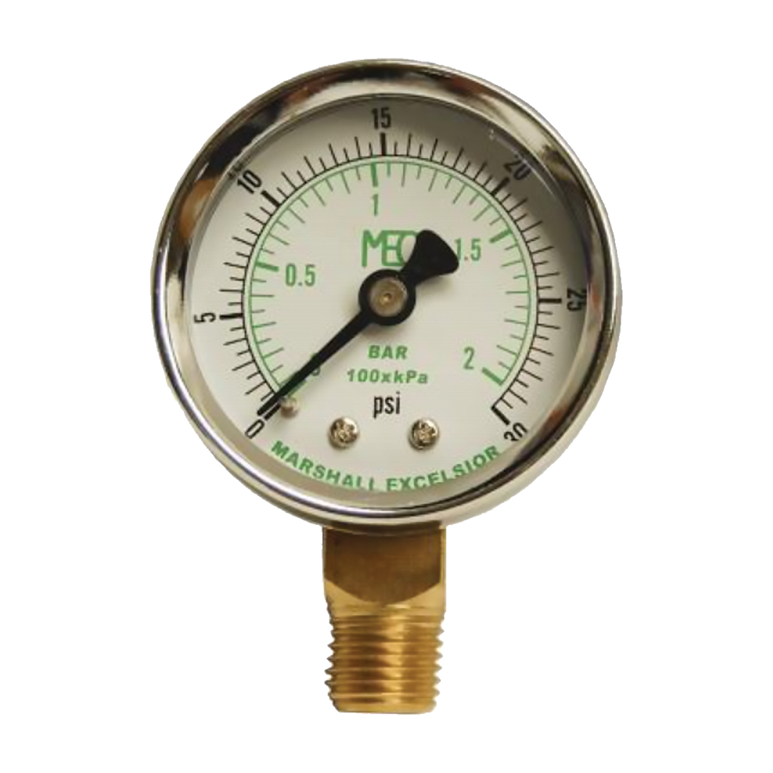 101D-204C (Marshall Excelsior) Gauge-1/4 Mpt Br Btm Mt 2Stl Dry 0-30Psi